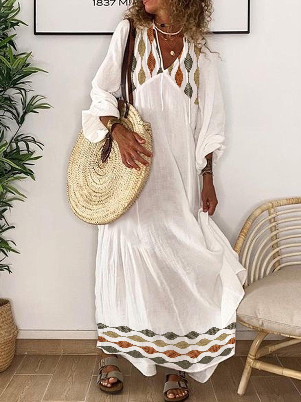 Cecgg Trendy White Print V-Neck Maxi Dress