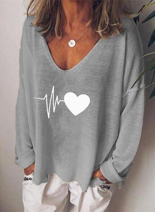 Cecgg Basic Grey V-Neck Heart Print Top